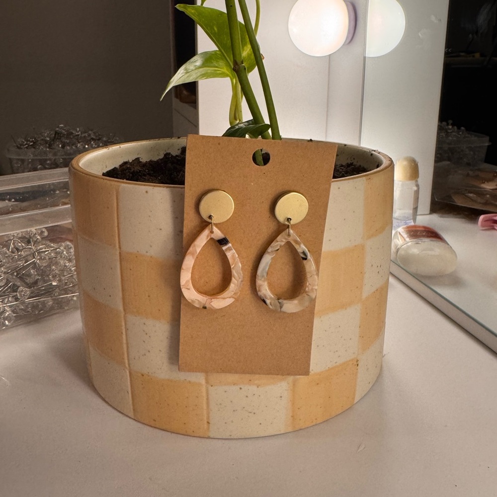 Marbled Teardrop Resin Earrings with Gold Disc Studs - Peach, Cream, Black